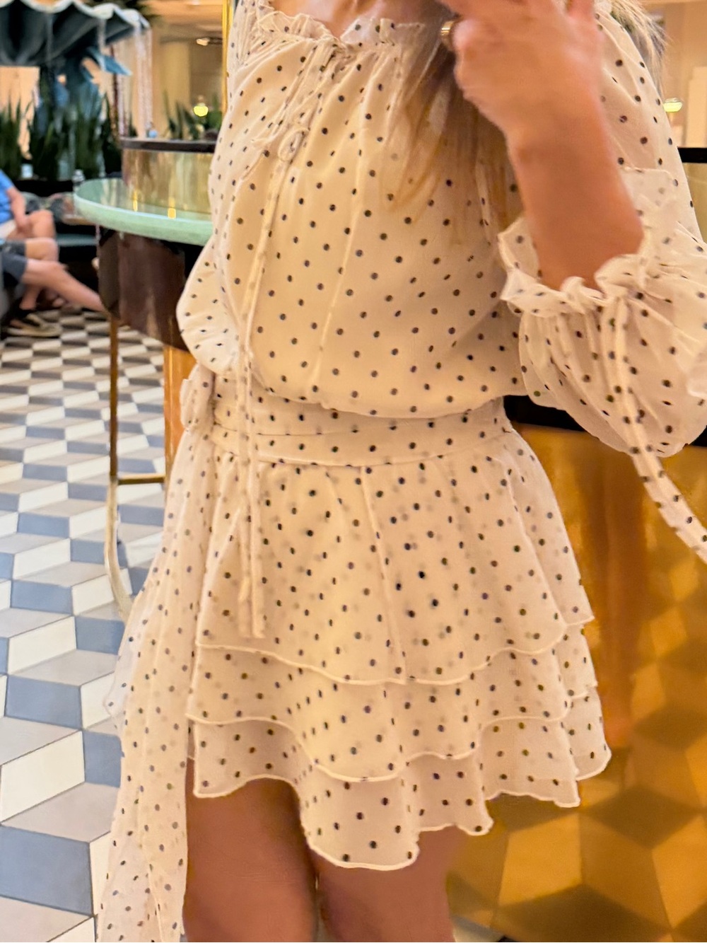 Girls' Cream Polka Dot Tiered Dress with Belt - Picture 14 of 16